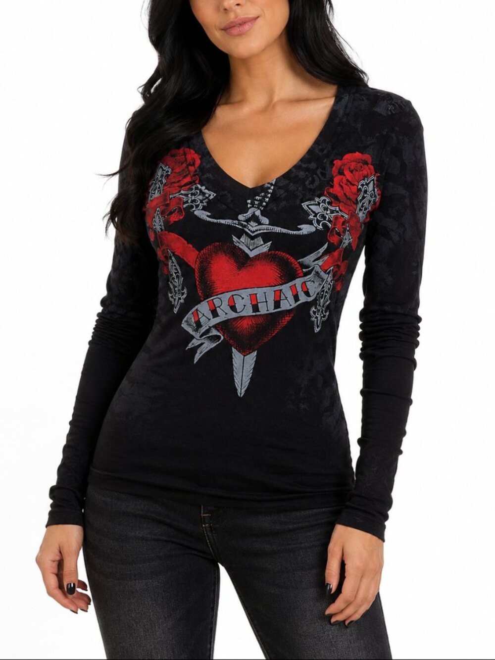 Archaic by Affliction Women's Long Sleeve T-shirt Heart Struck